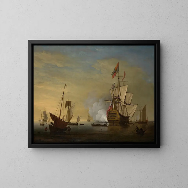 Escena de puerto Un barco inglés con las velas caídas disparando un cañón - Peter Monamy — cuadro enmarcado en la pared