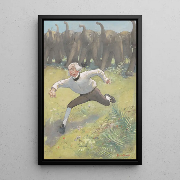 Hombre huyendo de elefantes - Peter Newell — cuadro enmarcado en la pared