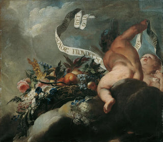 Peter Strudel - Zwei Putti mit Blumen Frchten und Spruchband.webp
