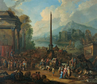Peter Tillemans - A Harbour Scene With Numerous Figures Attending Market.webp