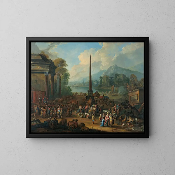 Una escena portuaria con muchas figuras que asisten al mercado - Peter Tillemans — cuadro enmarcado en la pared
