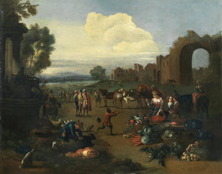 Peter Tillemans - A market scene with a river landscape beyond.webp