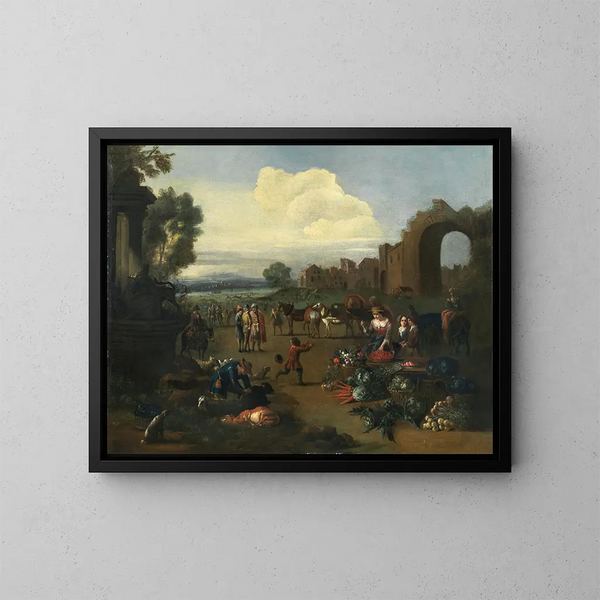 Una escena de mercado con un paisaje fluvial al fondo - Peter Tillemans — cuadro enmarcado en la pared