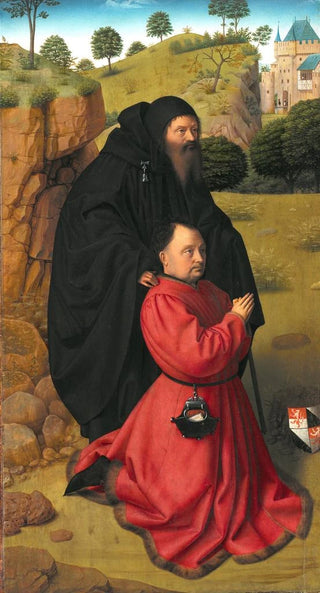Petrus Christus - Altar Panel with a Portrait of a Donor in Scarlet under the Protection of St Anthony.webp