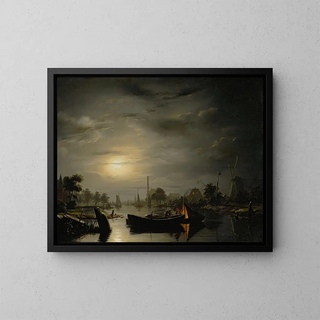 Petrus van Schendel - A River Landscape In Silver Moonlight.webp