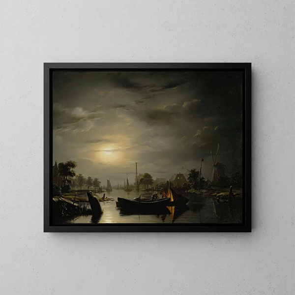 Un paisaje fluvial al claro de luna plateado - Petrus van Schendel — cuadro enmarcado en la pared