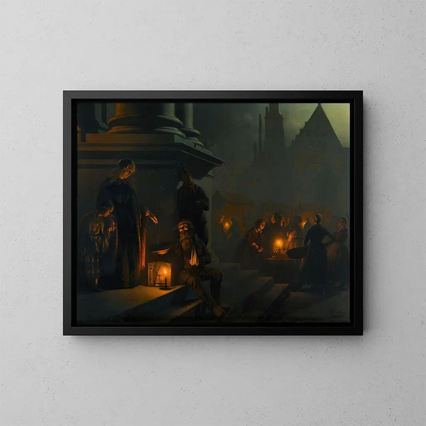 Caridad en el mercado nocturno - Petrus van Schendel — cuadro enmarcado en la pared