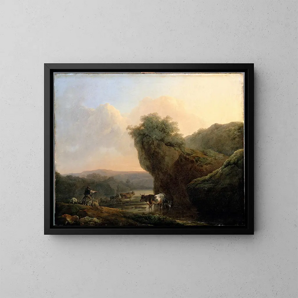Landscape Painting with Livestock - Philip James de Loutherbourg — framed artwork on a wall