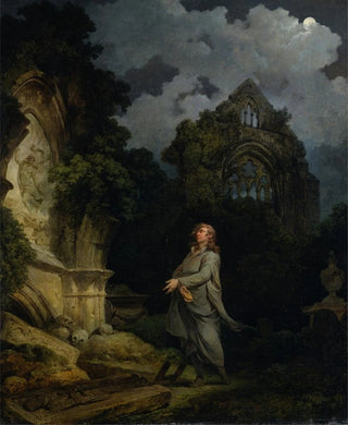Philip James de Loutherbourg - Visitor to a Moonlit Churchyard.webp