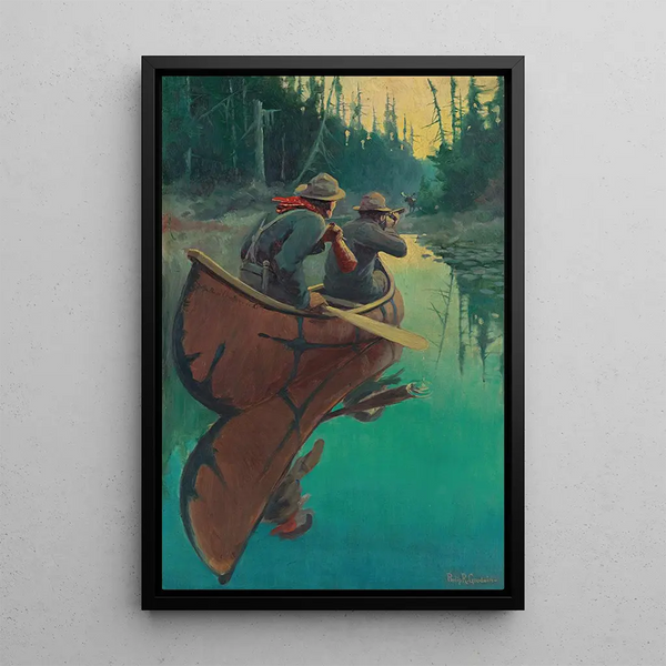 Hunters in Canoes - Philip R Goodwin — framed artwork on a wall