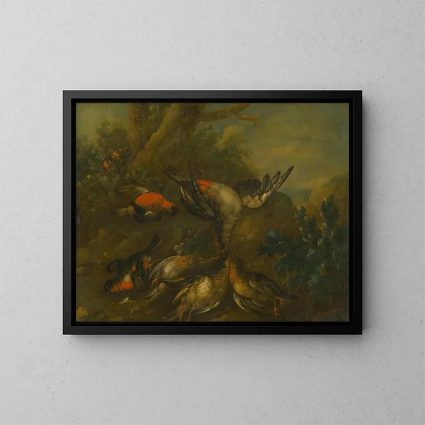 Nature morte avec des oiseaux morts - Philipp Ferdinand de Hamilton — framed artwork on a wall