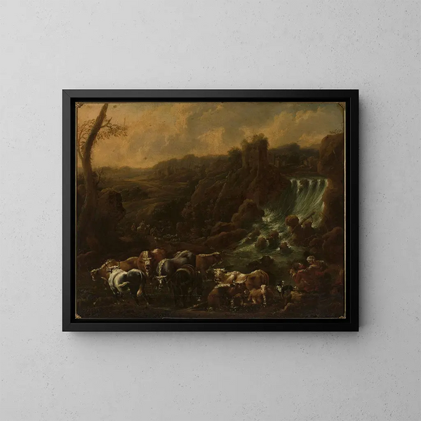 Livestock by the waterfall - Philipp Peter Roos — framed artwork on a wall