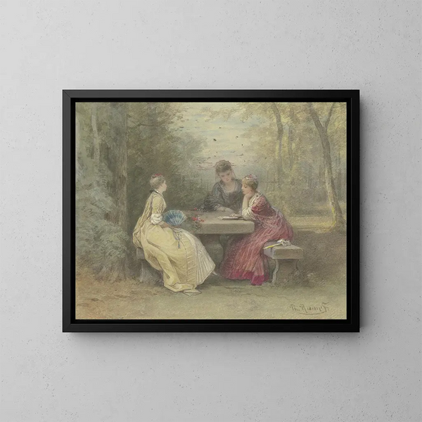 Lectura en el parque, tres jóvenes damas con vestido watteau sentadas alrededor de una mesa de piedra - Philipp Rumpf — cuadro enmarcado en la pared