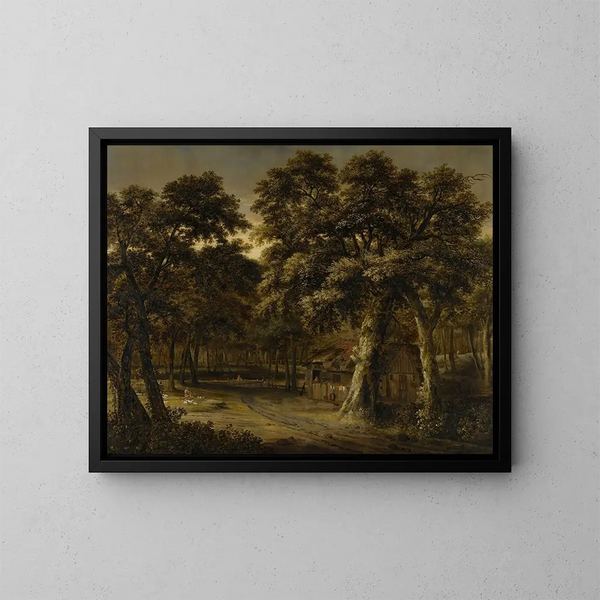 Una escena forestal con una cabaña y personajes - Philips Koninck — cuadro enmarcado en la pared