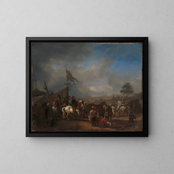 Una feria de caballos cerca de un campamento militar - Philips Wouwerman — cuadro enmarcado en la pared
