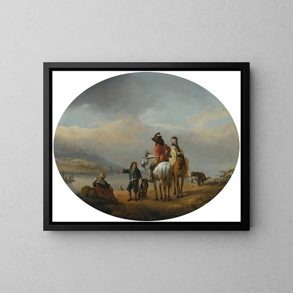 Una dama y un caballero a caballo mostrados a un ferry que se acerca por un joven paje - Philips Wouwerman — cuadro enmarcado en la pared