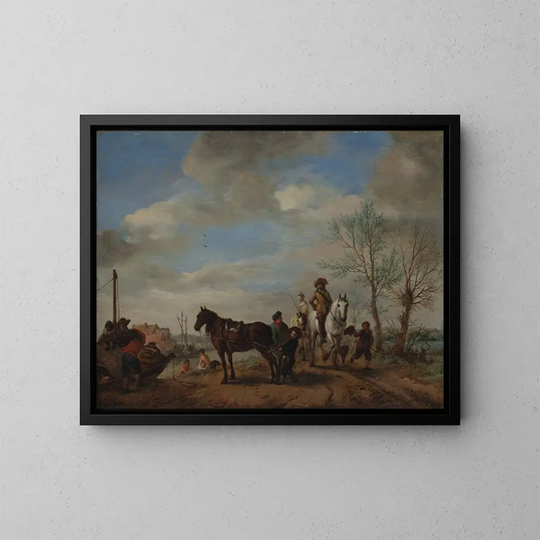 Un hombre y una mujer a caballo - Philips Wouwerman — cuadro enmarcado en la pared