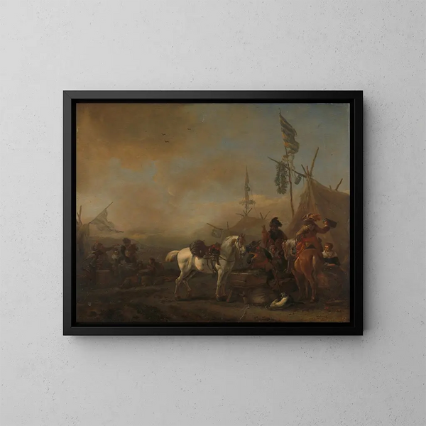 Un campamento militar - Philips Wouwerman — cuadro enmarcado en la pared