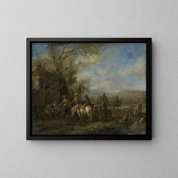 Caballeros armados frente a una posada - Philips Wouwerman — cuadro enmarcado en la pared