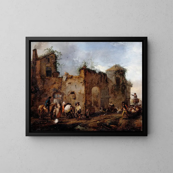 Patio con un herrero herrando un caballo - Philips Wouwerman — cuadro enmarcado en la pared