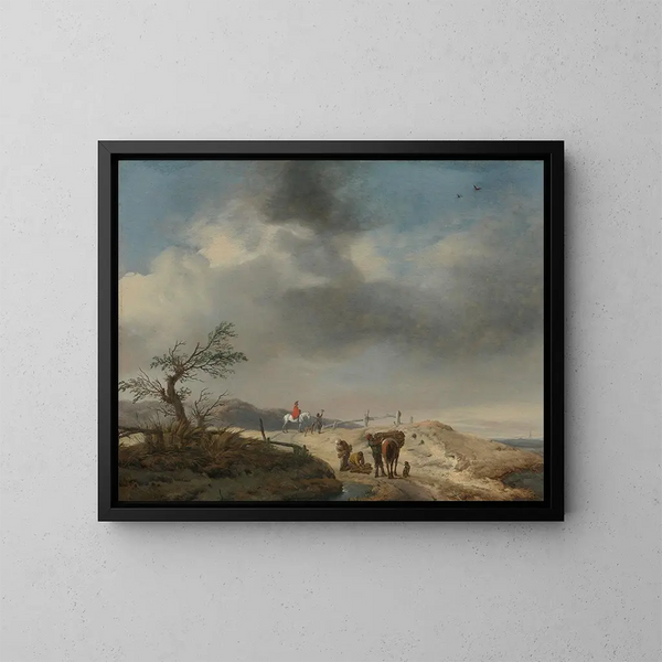Paisaje de dunas con figuras - Philips Wouwerman — cuadro enmarcado en la pared