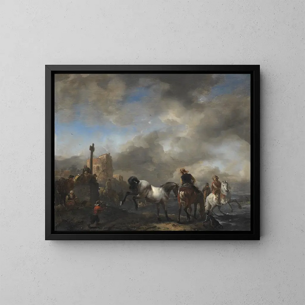 Estanque con caballos cerca de una piedra de límite - Philips Wouwerman — cuadro enmarcado en la pared