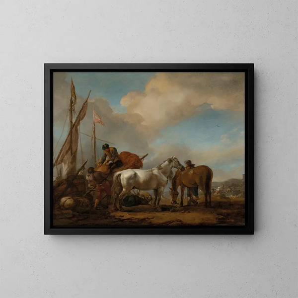 caballos en un paisaje con personajes cargando fardos en un barco - Philips Wouwerman — cuadro enmarcado en la pared