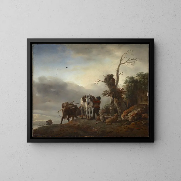 Paisaje con mulas de carga - Philips Wouwerman — cuadro enmarcado en la pared