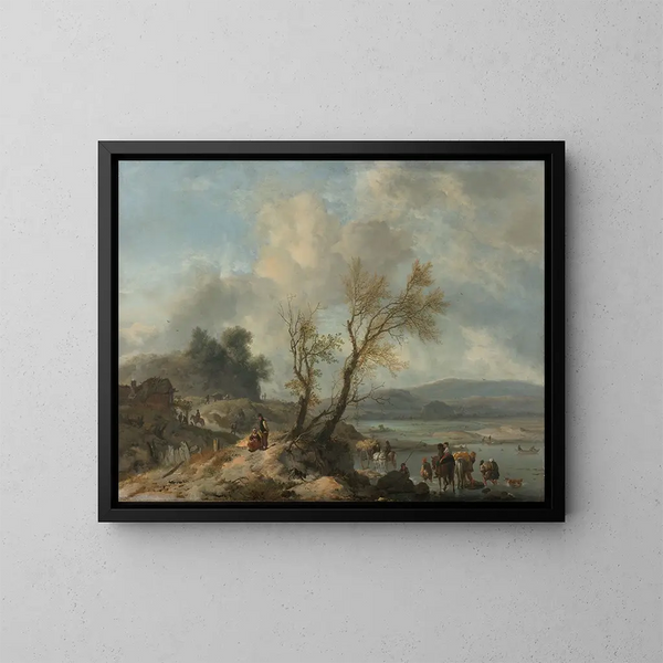 Paisaje con un camino de arena junto a un río - Philips Wouwerman — cuadro enmarcado en la pared