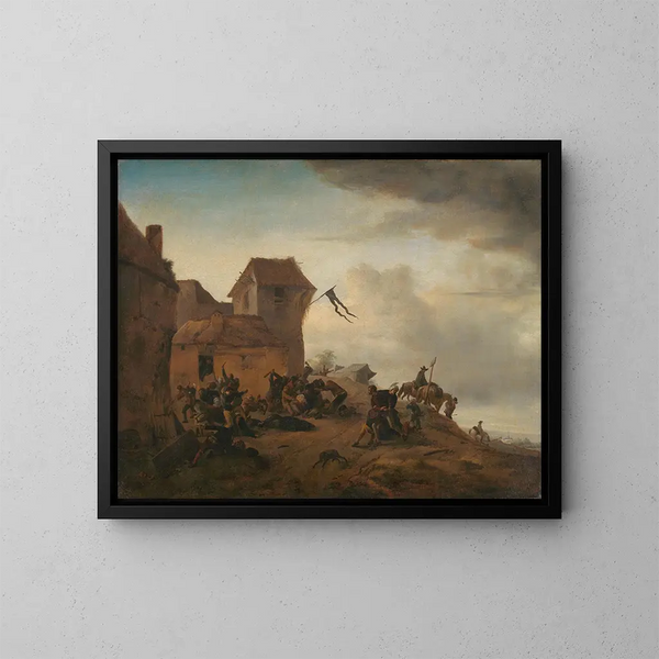 campesinos luchando cerca de un pueblo - Philips Wouwerman — cuadro enmarcado en la pared