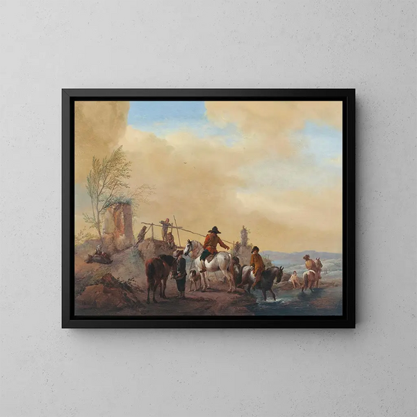 Caballos y caballos descansando cerca de un río - Philips Wouwerman — cuadro enmarcado en la pared
