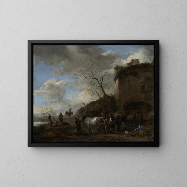 Caballeros en un herrero - Philips Wouwerman — cuadro enmarcado en la pared