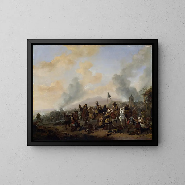 de los soldados saqueando un pueblo - Philips Wouwerman — cuadro enmarcado en la pared