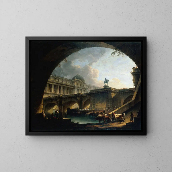 Caprice architectural of a palace inspired by the Louvre and the Pont Neuf framing within the arch of a bridge - Pierre-Antoine Demachy — framed artwork on a wall