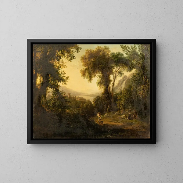 Paisaje en cursiva con pastores asustados por una serpiente - Pierre-Athanase Chauvin — cuadro enmarcado en la pared