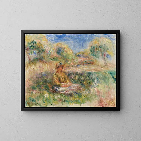 Mujer sentada en un paisaje - Pierre-Auguste Renoir — cuadro enmarcado en la pared