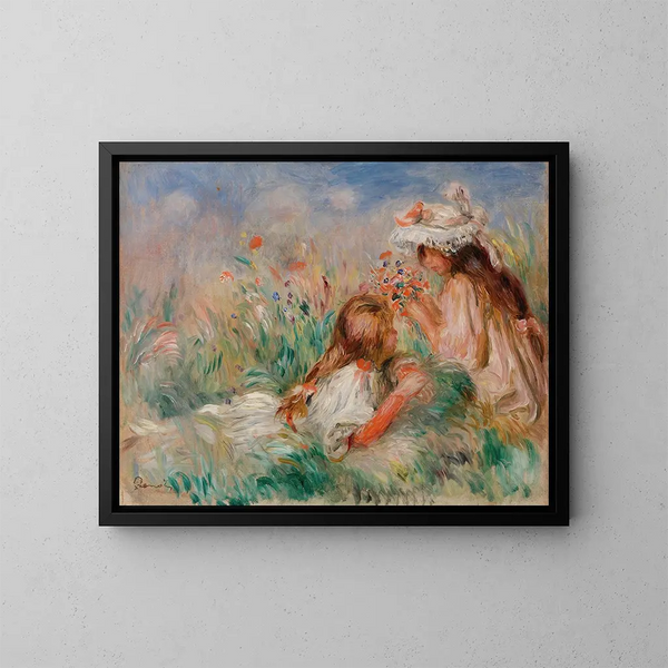 Niñas en la hierba arreglando un ramo - Pierre-Auguste Renoir — cuadro enmarcado en la pared