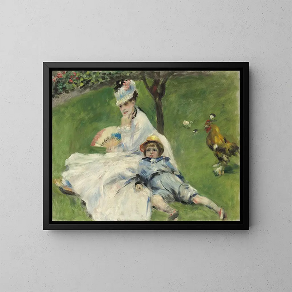 Madame Monet y su hijo - Pierre-Auguste Renoir — cuadro enmarcado en la pared