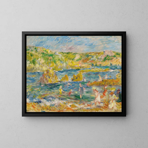Rochers de Guernesey avec personnages sur la plage de Guernesey - Pierre-Auguste Renoir — framed artwork on a wall