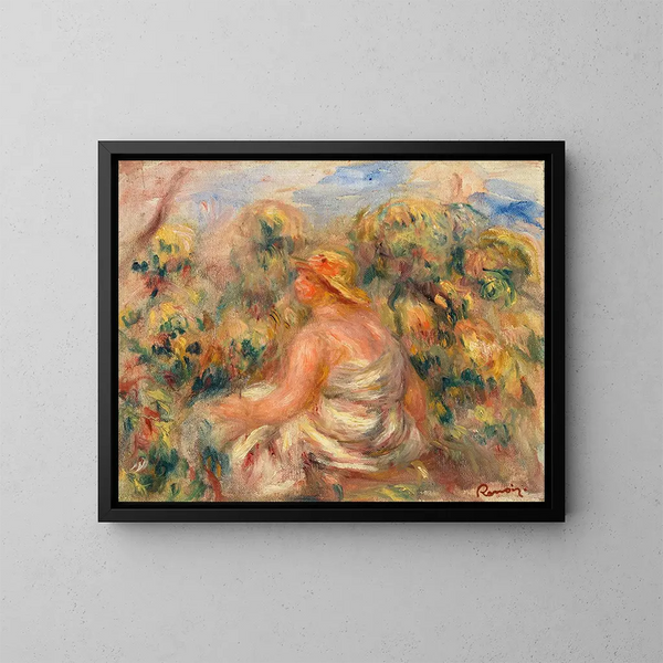 Mujer con sombrero en un paisaje - Pierre-Auguste Renoir — cuadro enmarcado en la pared