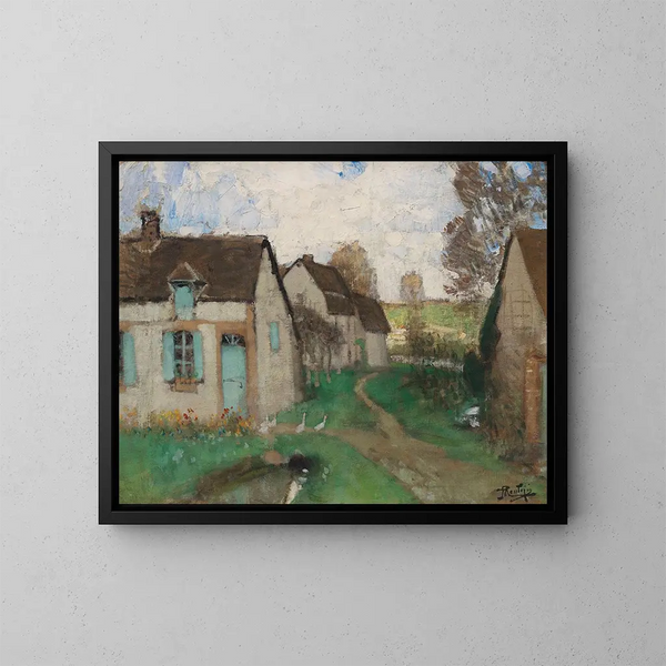 casas de campo con ventanas y persianas turquesas - Pierre-Eugène Montzin — cuadro enmarcado en la pared
