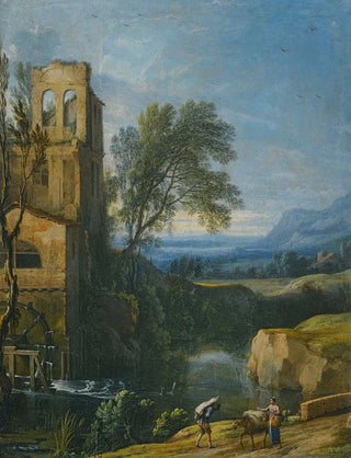 Pierre Antoine Patel the younger - A River Landscape With A Watermill To The Left And Figures With A Donkey In The Foreground.webp