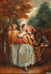 a painting depicting a scene from Commedia dell'Arte with Columbine, Harlequin, and Pierrot - Pierre Antoine Quillard — artwork view