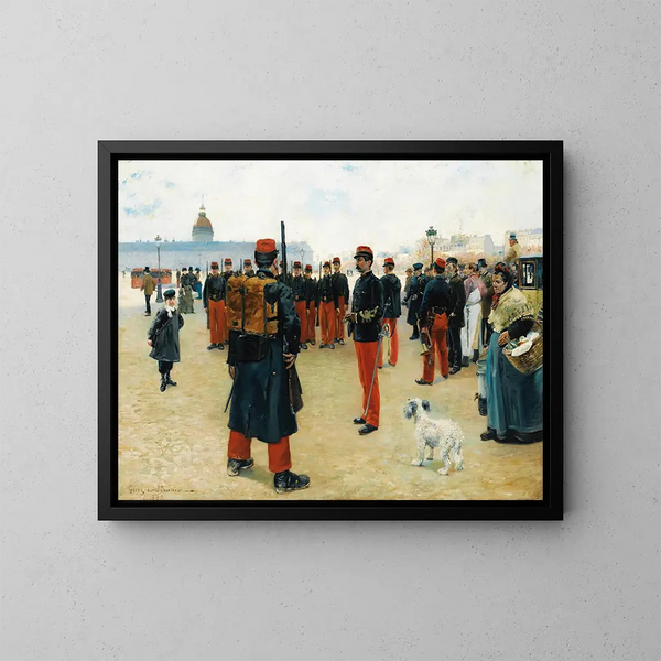 Elves corporals on the Place des Invalides in Paris - Pierre Georges Jeanniot — framed artwork on a wall