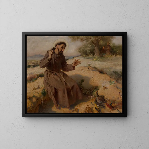 San Francisco predicando a los pájaros - Pierre Jean Van der Ouderaa — cuadro enmarcado en la pared