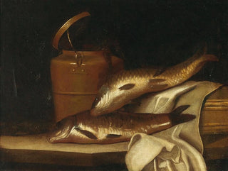 Pierre Nichon - A still life with carps in front of a copper kettle.webp