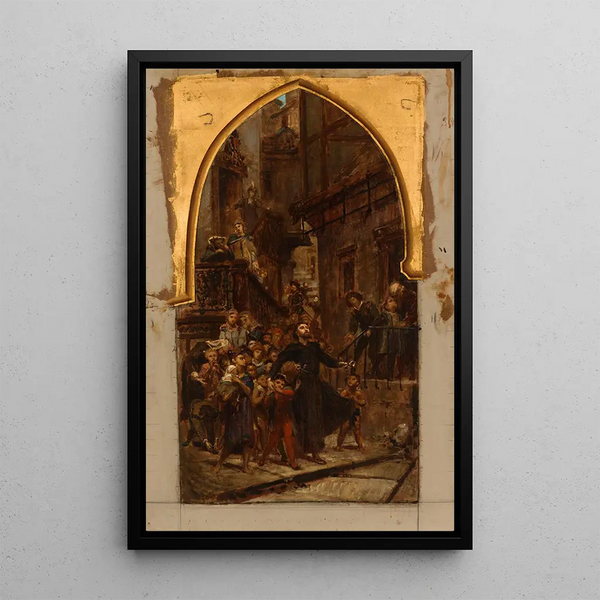 Saint François-Xavier recorriendo las calles de Goa para llamar a los niños y esclavos al catecismo - Pierre Paul Léon Glaize — cuadro enmarcado en la pared