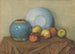 Manzanas, olla redonda y plato sobre una mesa - Piet Mondrian — vista de la obra