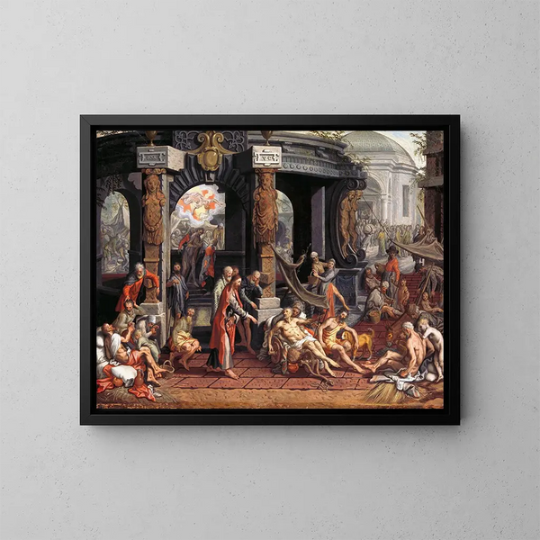 La guérison du paralytique à la piscine de Bethesda - Pieter Aertsen — framed artwork on a wall