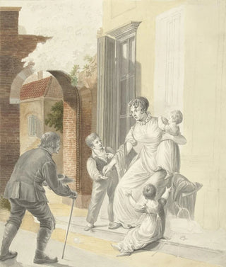 Pieter Bartholomeusz Barbiers - Bedelaar ontvangt een aalmoes van een dame.webp